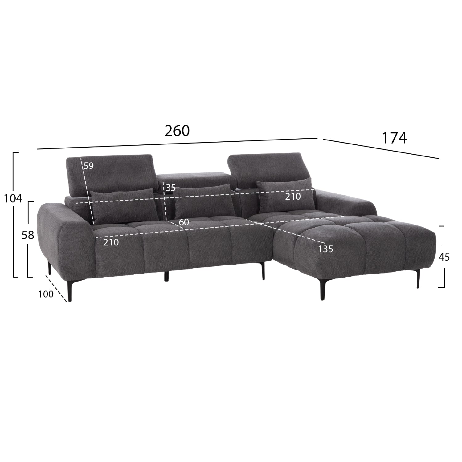 ΚΑΝΑΠΕΣ ΔΕΞΙΑ ΓΩΝΙΑ DIVYA HM3267.12R ΓΚΡΙ ΥΦΑΣΜΑ 260x100-174x104Υεκ. - Pakobazaar