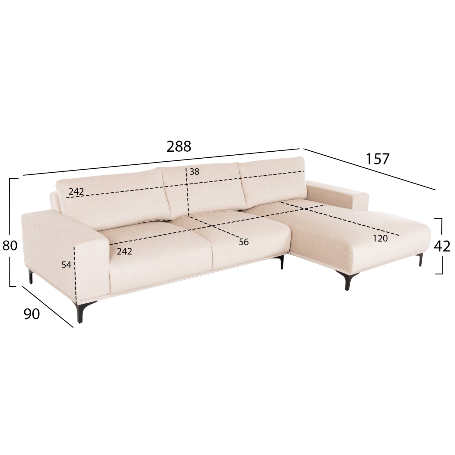 ΚΑΝΑΠΕΣ ΓΩΝΙΑ (ΔΕΞΙΑ) NOA HM3278.01R ΕΚΡΟΥ ΥΦΑΣΜΑ 288x90-157x67-80Υεκ. - Pakobazaar