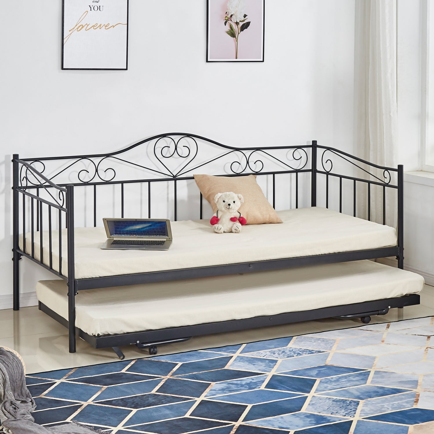 ΚΑΝΑΠΕΣ ΚΡΕΒΑΤΙ MAEKO 190Χ90 ΜΑΥΡΟΣ +ΕΠΕΚΤ/ΜΕΝΟ ΒΟΗΘΗΤΙΚΟ ΚΡΕΒΑΤΙ 85Χ185 HM571.01 - Pakobazaar