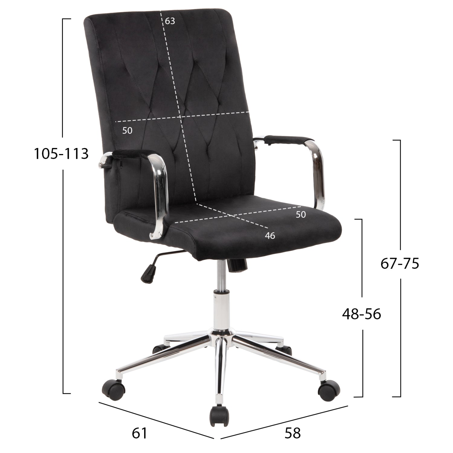 ΚΑΡΕΚΛΑ ΓΡΑΦΕΙΟΥ JOSEF HM1181.04 ΜΑΥΡΟ ΒΕΛΟΥΔΟ-INOX ΒΑΣΗ 58x61x105-113Yεκ. - Pakobazaar