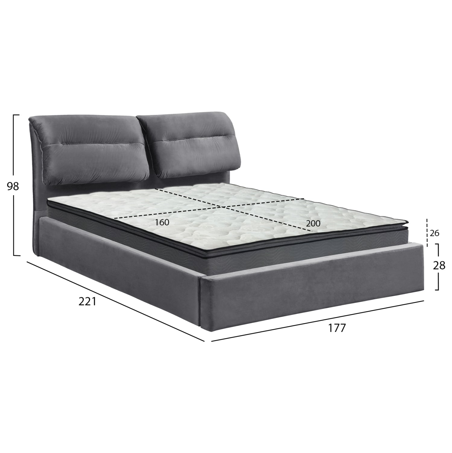 ΚΡΕΒΑΤΙ ΔΙΠΛΟ & ΣΤΡΩΜΑ KENDRA HM10720.01 ΓΚΡΙ ΒΕΛΟΥΔΟ ΜΕ ΑΠΟΘ.ΧΩΡΟ--ΓΙΑ 160x200εκ - Pakobazaar