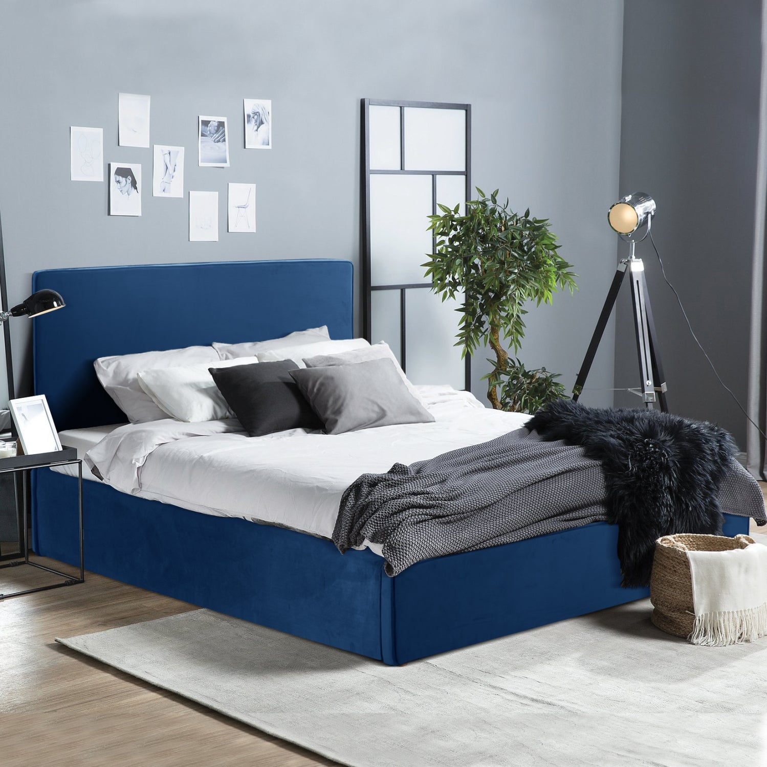 ΚΡΕΒΑΤΙ ΔΙΠΛΟ & ΣΤΡΩΜΑ ALLIE HM21273.04 ΜΠΛΕ ΒΕΛΟΥΔΟ ΜΕ ΑΠΟΘ.ΧΩΡΟ--ΓΙΑ 160x200εκ - Pakobazaar