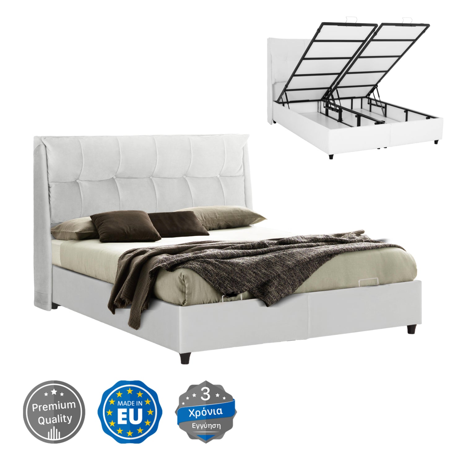 ΚΡEΒΑΤΙ ΜΕ ΑΠΟΘΗΚΕΥΤΙΚΟ ΧΩΡΟ DREAMLET HM716.03 ΛΕΥΚΟ TEDDY ΥΦΑΣΜΑ- ΓΙΑ ΣΤΡΩΜΑ 160x200εκ. - Pakobazaar