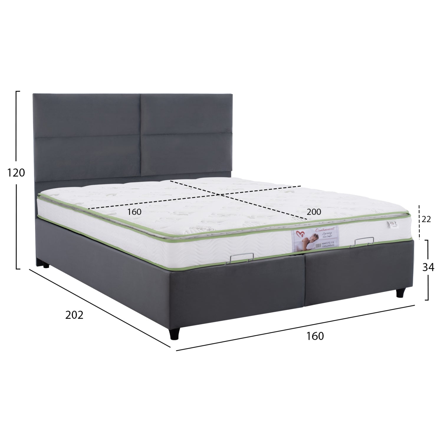 ΚΡΕΒΑΤΙ ΜΕ ΣΤΡΩΜΑ ΔΙΠΛΟ MILO HM21163 ΓΚΡΙ ΒΕΛΟΥΔΟ & ΑΠΟΘ.ΧΩΡΟΣ-ΓΙΑ 160x200εκ. - Pakobazaar