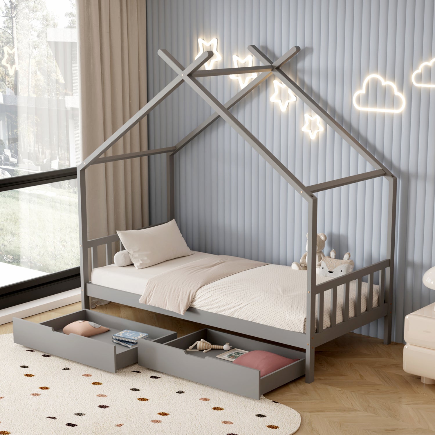 ΚΡΕΒΑΤΙ ΠΑΙΔΙΚΟ KLARICE HM680.05 τ.MONTESSORI-2 ΣΥΡΤΑΡΙΑ- ΞΥΛΟ ΠΕΥΚΟΥ ΓΚΡΙ-190x90εκ - Pakobazaar