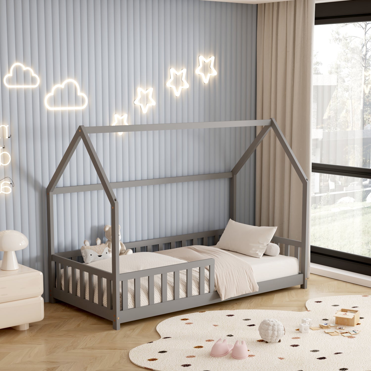 ΚΡΕΒΑΤΙ ΠΑΙΔΙΚΟ ΜΕ ΚΑΓΚΕΛΑ PHYLLIS HM679.05 τ.MONTESSORI ΞΥΛΟ ΠΕΥΚΟ ΓΚΡΙ-190x90εκ. - Pakobazaar