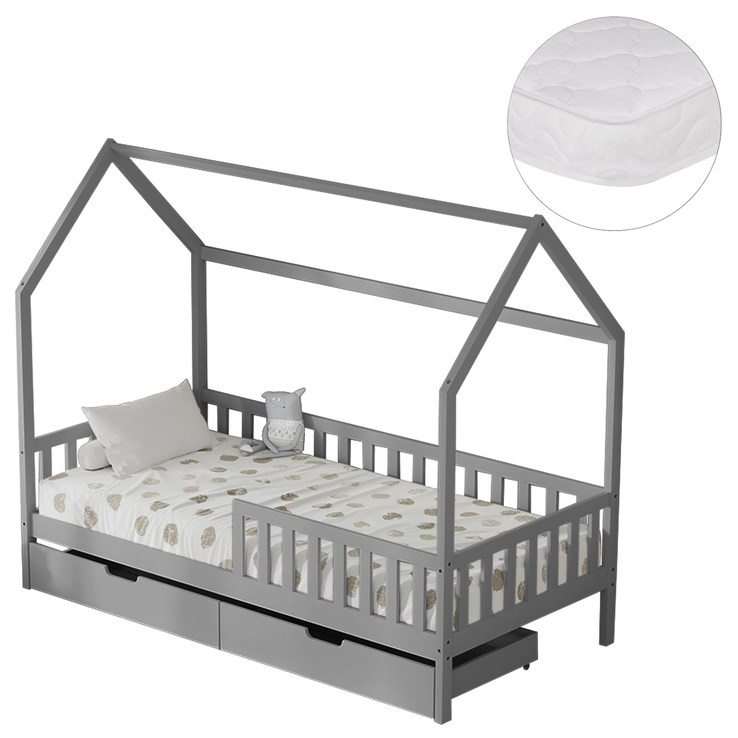 ΚΡΕΒΑΤΙ ΠΑΙΔΙΚΟ ΜΕ ΣΥΡΤΑΡΙΑ PHYLLIS HM21324.02 ΞΥΛΟ ΠΕΥΚΟΥ ΓΚΡΙ--ΜΕ ΣΤΡΩΜΑ 90x190εκ - Pakobazaar