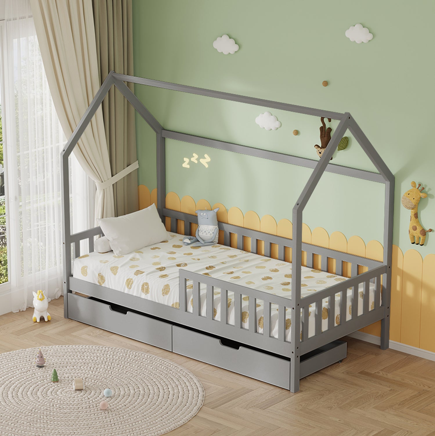 ΚΡΕΒΑΤΙ ΠΑΙΔΙΚΟ ΜΕ ΣΥΡΤΑΡΙΑ PHYLLIS HM724.05 τ.MONTESSORI ΓΚΡΙ 196x97x161Υεκ. - Pakobazaar