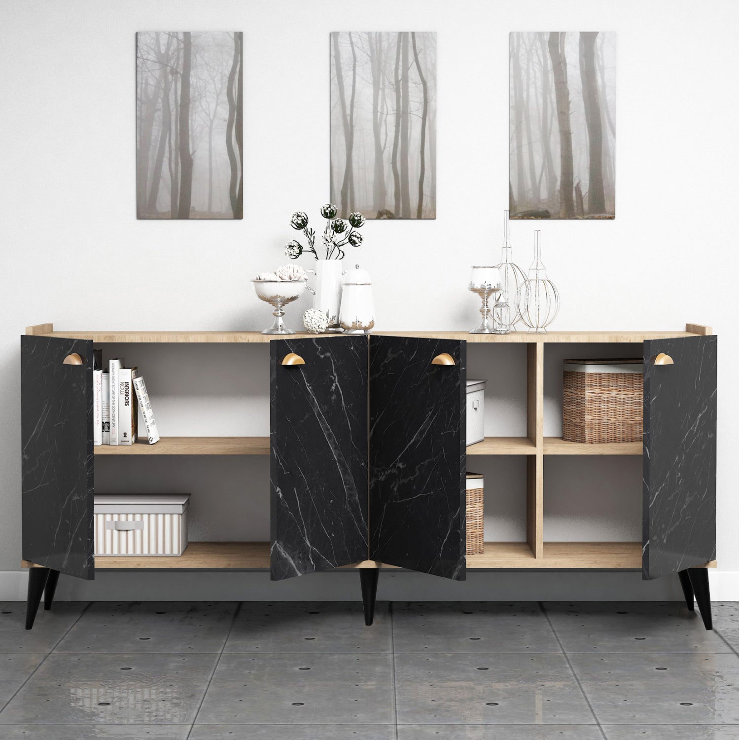 ΜΠΟΥΦΕΣ ΜΕΛΑΜΙΝΗΣ HM9045.01 NATURAL WOOD - ΜΑΥΡΟ ΜΑΡΜΑΡΟ 180x41x77,8Y εκ. - Pakobazaar