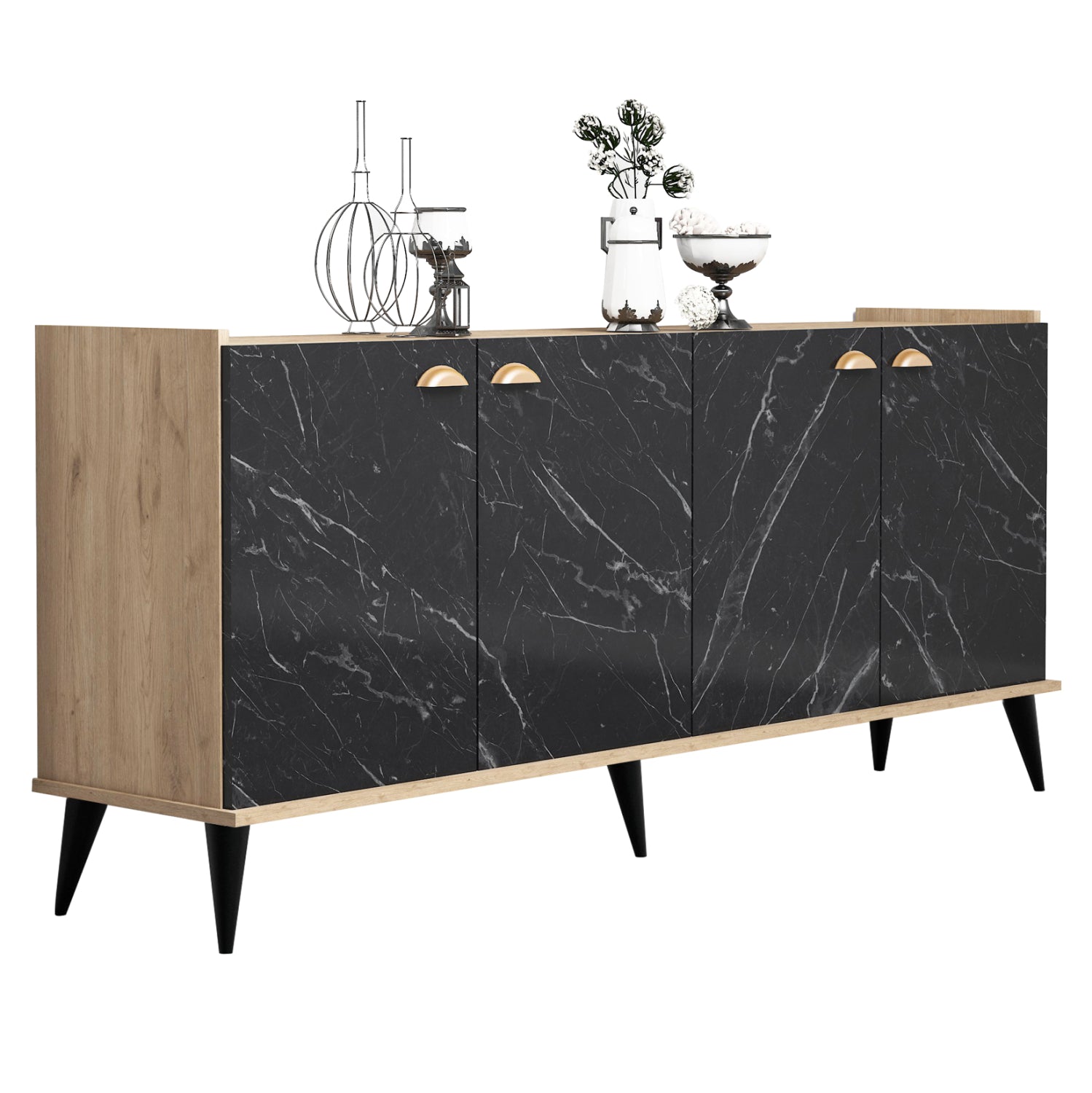 ΜΠΟΥΦΕΣ ΜΕΛΑΜΙΝΗΣ HM9045.01 NATURAL WOOD - ΜΑΥΡΟ ΜΑΡΜΑΡΟ 180x41x77,8Y εκ. - Pakobazaar