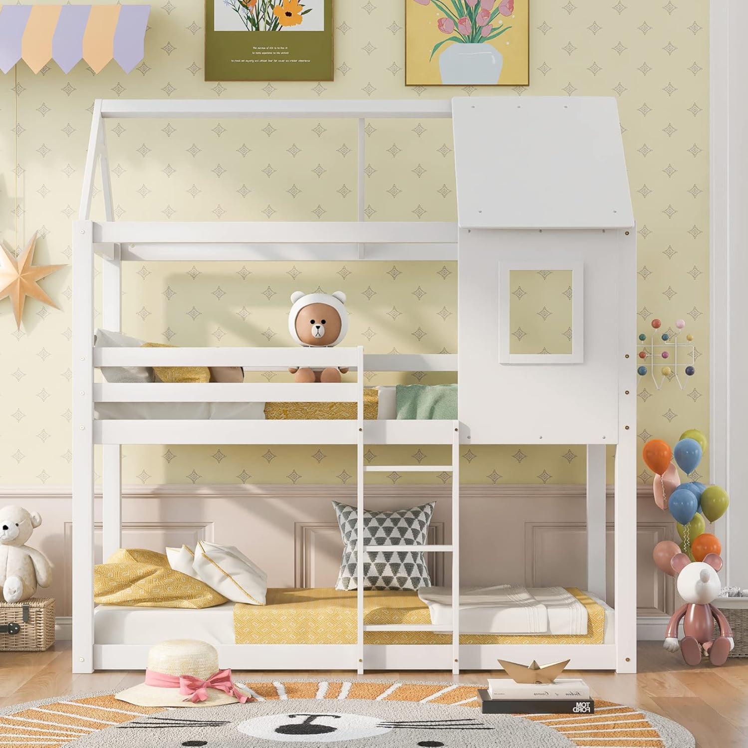 ΠΑΙΔΙΚΗ ΚΟΥΚΕΤΑ ΣΠΙΤΑΚΙ  τ.MONTESSORI HOOD HM705.03 ΞΥΛΟ ΠΕΥΚΟΥ ΣΕ ΛΕΥΚΟ-ΣΤΡΩΜΑΤΑ 190x90εκ - Pakobazaar