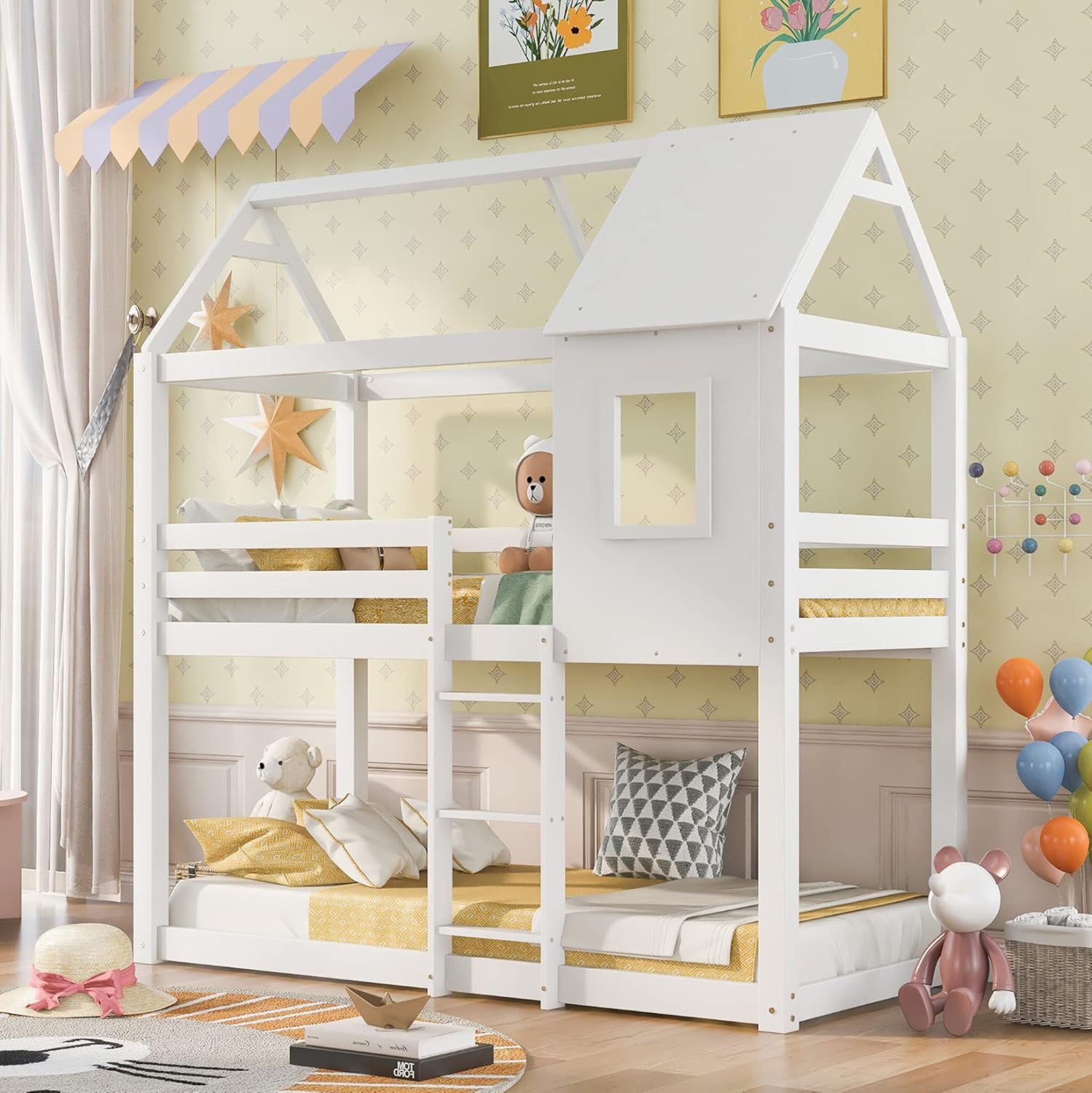 ΠΑΙΔΙΚΗ ΚΟΥΚΕΤΑ ΣΠΙΤΑΚΙ  τ.MONTESSORI HOOD HM705.03 ΞΥΛΟ ΠΕΥΚΟΥ ΣΕ ΛΕΥΚΟ-ΣΤΡΩΜΑΤΑ 190x90εκ - Pakobazaar