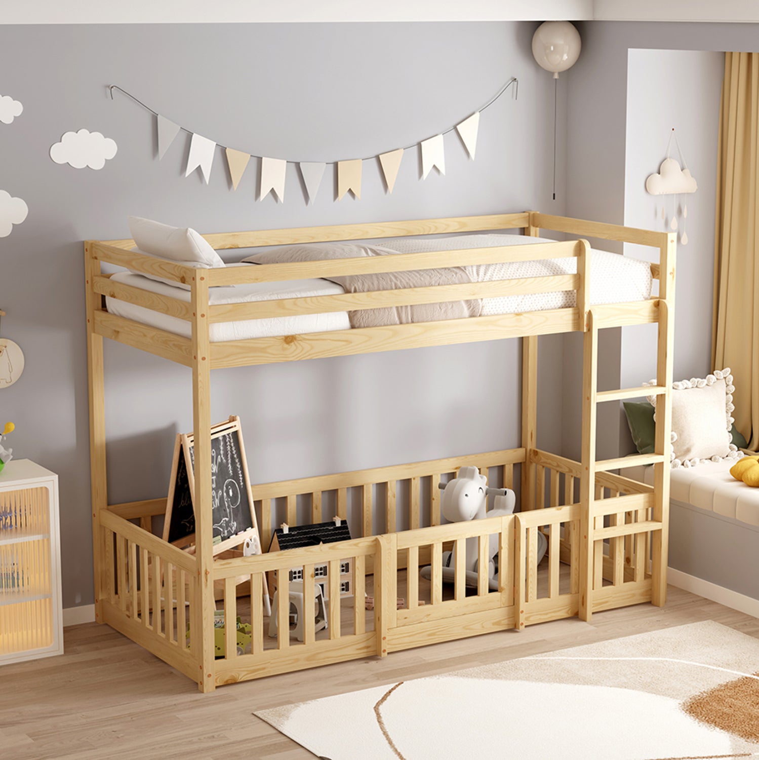 ΠΑΙΔΙΚΗ ΚΟΥΚΕΤΑ τ.MONTESSORI ΜΕ ΠΑΡΚΑΚΙ PLAYKID HM703.01 ΞΥΛΟ ΠΕΥΚΟΥ ΦΥΣΙΚΟ ΓΙΑ 190x90εκ - Pakobazaar