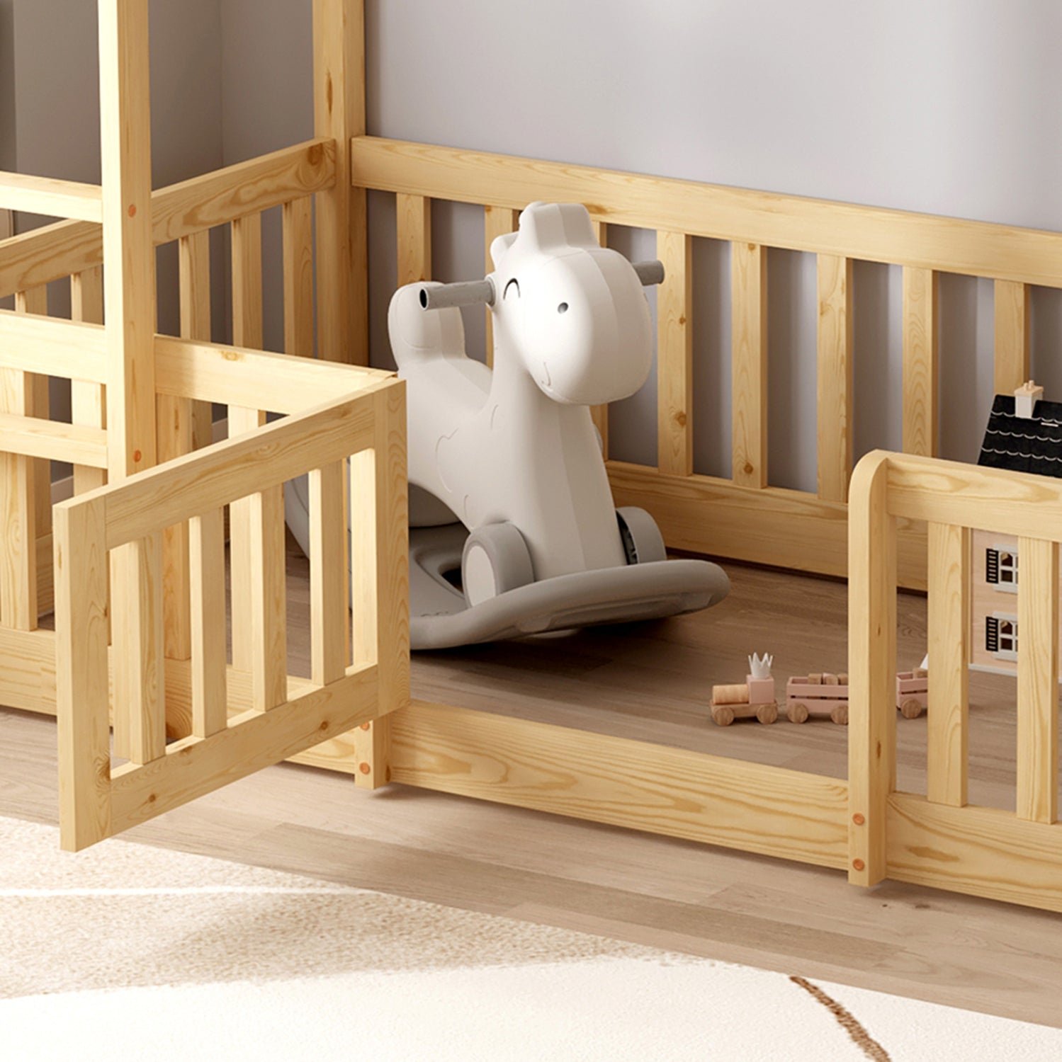 ΠΑΙΔΙΚΗ ΚΟΥΚΕΤΑ τ.MONTESSORI ΜΕ ΠΑΡΚΑΚΙ PLAYKID HM703.01 ΞΥΛΟ ΠΕΥΚΟΥ ΦΥΣΙΚΟ ΓΙΑ 190x90εκ - Pakobazaar