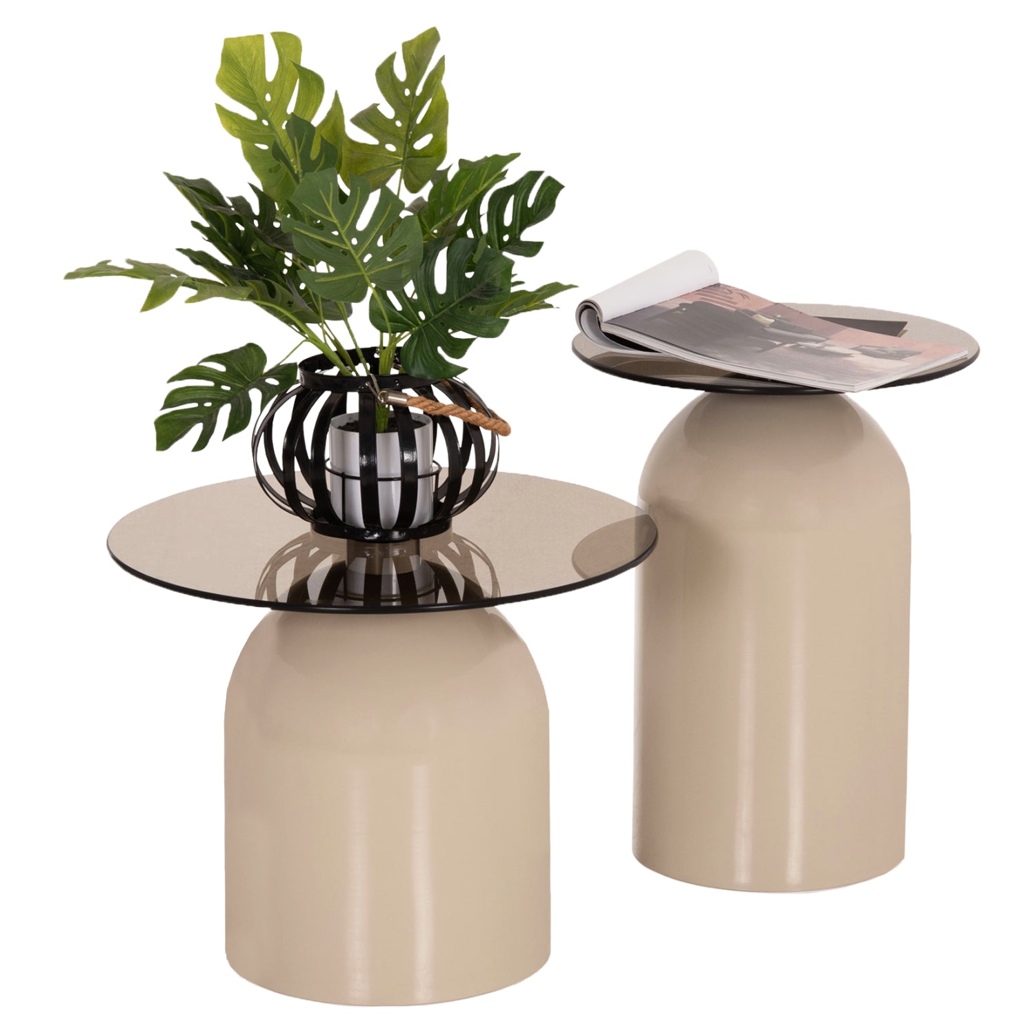 ΣΕΤ 2 ΤΡΑΠΕΖΙΑ ΣΑΛΟΝΙΟΥ BELLINS HM18314.04 ΜΠΕΖ ΜΕΤΑΛ.ΒΑΣΕΙΣ--ΓΥΑΛΙ Φ50εκ & Φ40εκ - Pakobazaar