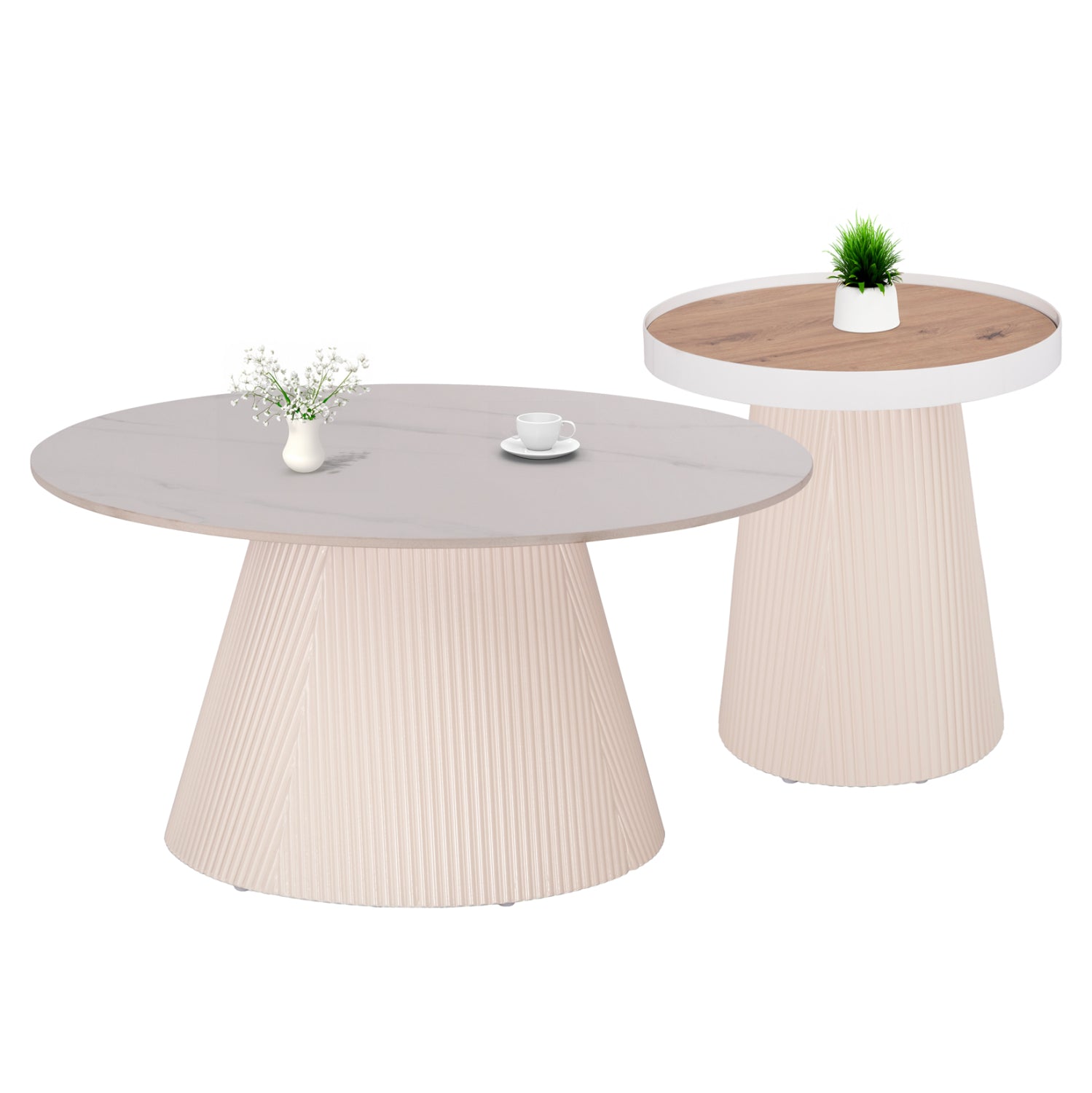 ΣΕΤ 2ΤΜΧ ΤΡΑΠΕΖΙΑ ΣΑΛΟΝΙΟΥ DUNCAN HM21082 MDF ΚΡΕΜ ΚΑΙ ΚΕΡΑΜΙΚΟ TOP Φ80εκ & Φ45εκ - Pakobazaar