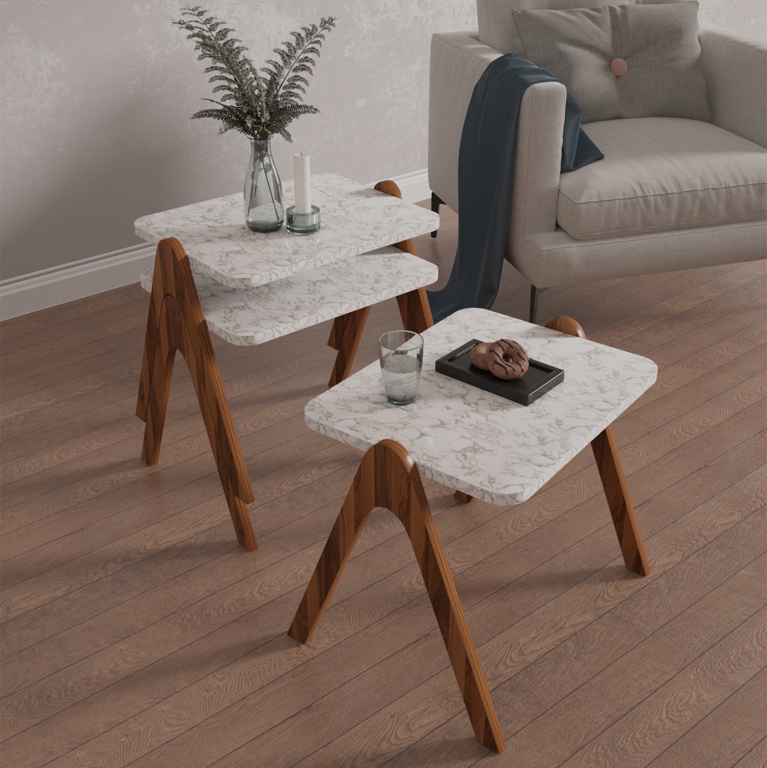 ΣΕΤ 3ΤΜΧ ΒΟΗΘΗΤΙΚΑ ΤΡΑΠΕΖΑΚΙΑ REACHER HM18176.03 ΜΕΛΑΜΙΝΗ ΣΕ ΚΑΡΥΔΙ-ΛΕΥΚΟ ΜΑΡΜΑΡΟ 40x30x40Υεκ. - Pakobazaar