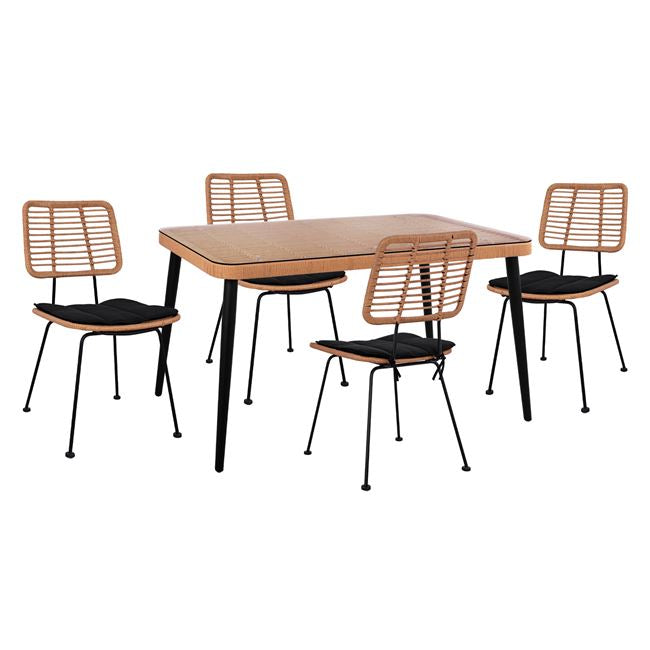 ΣΕΤ 5ΤΜΧ ALLEGRA WICKER ΜΕ ΤΡΑΠΕΖΙ 140X80Χ78Υ ΜΠΕΖ & ΜΑΥΡΟ ΧΡΩΜΑ HM10492 - Pakobazaar