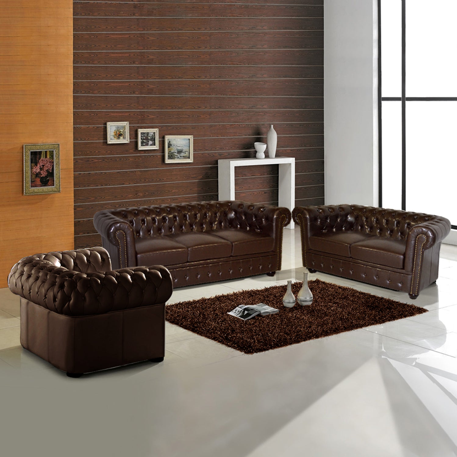 ΣΕΤ ΣΑΛΟΝΙ 2ΘΕΣΙΟ & 3ΘΕΣΙΟ & ΠΟΛΥΘΡΟΝΑ CHESTERFIELD ΣΚΟΥΡΟ ΚΑΦΕ - Pakobazaar