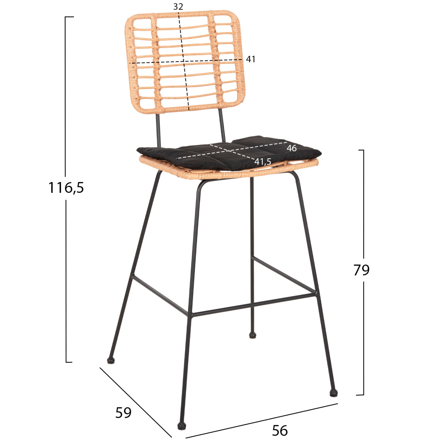 ΣΚΑΜΠΟ ΜΠΑΡ ALLEGRA HM5455.11 ΜΕΤΑΛΛΟ&ΜΑΞΙΛΑΡΙ ΜΑΥΡΟ-WICKER ΜΠΕΖ 56x59x116,5Υεκ. - Pakobazaar