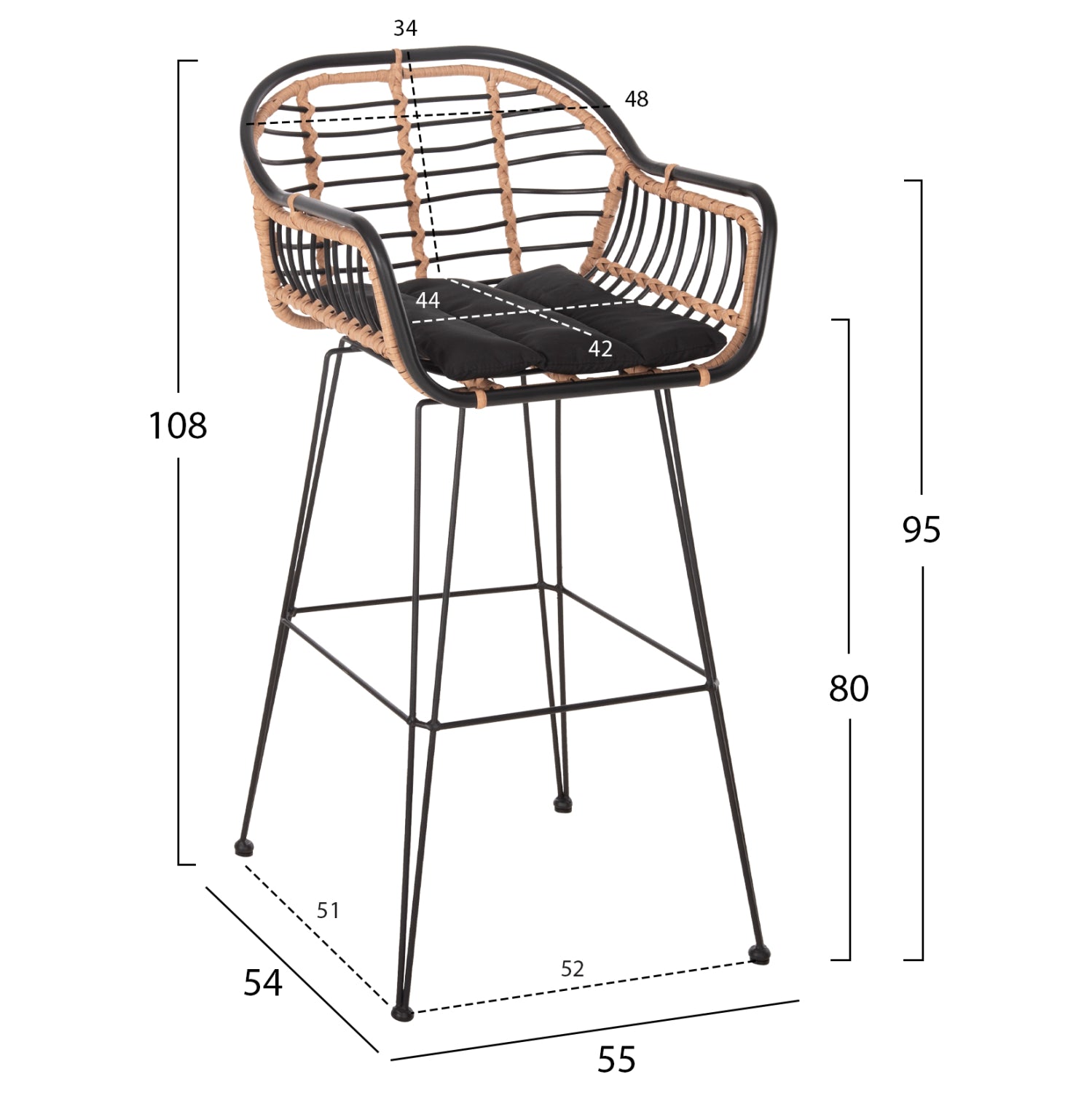 ΣΚΑΜΠΟ ΜΠΑΡ ALLEGRA HM5690.11 ΜΕΤΑΛΛΟ&ΜΑΞΙΛΑΡΙ ΜΑΥΡΟ-WICKER ΜΠΕΖ 55x54x108Υεκ. - Pakobazaar