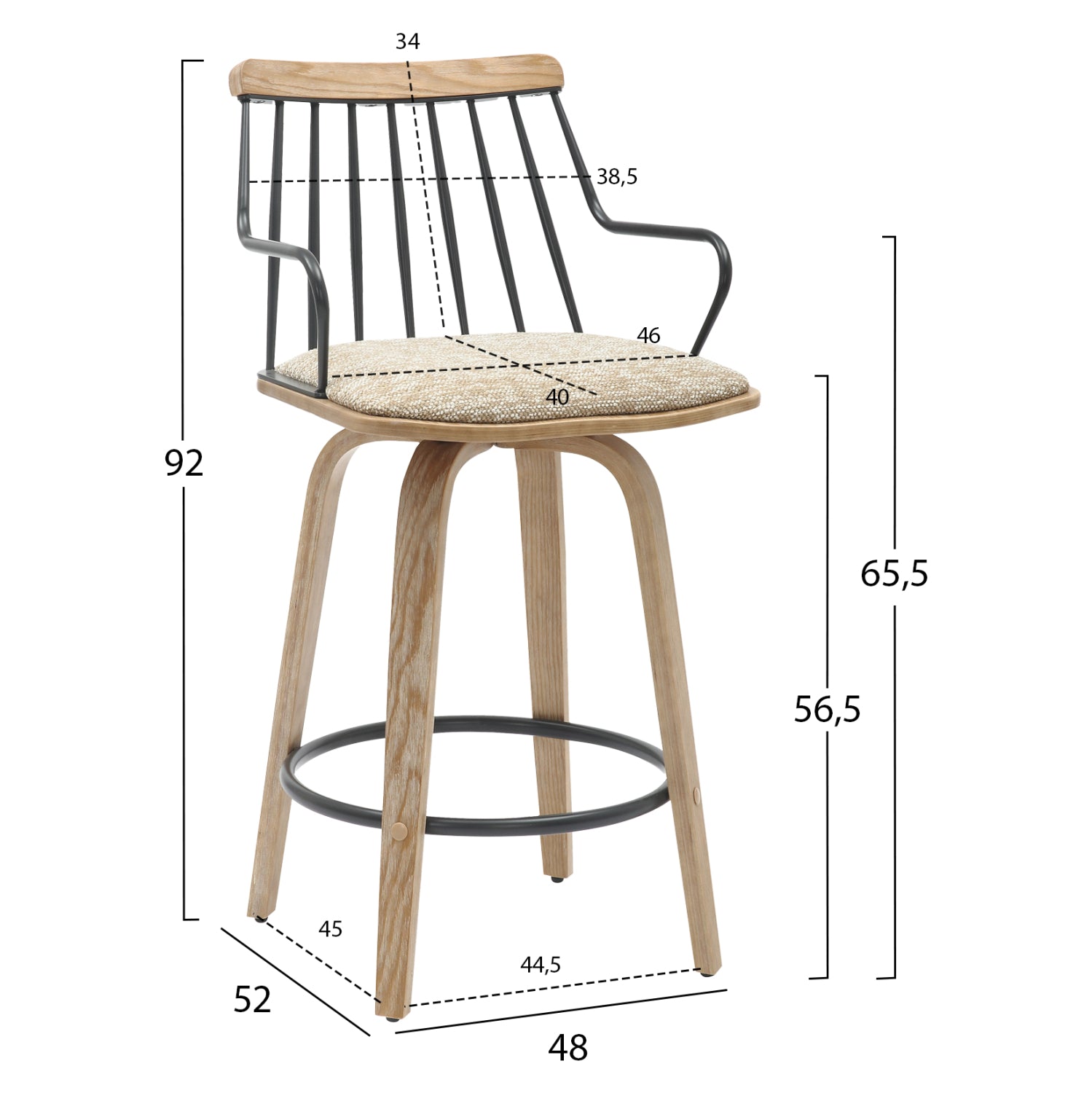 ΣΚΑΜΠΟ ΜΠΑΡ JUDI HM9985.01 WHITE WASH Κ.Π.-ΜΑΥΡΟ ΜΕΤΑΛΛΟ-ΜΠΕΖ ΥΦΑΣΜΑ 48x52x92Υεκ - Pakobazaar