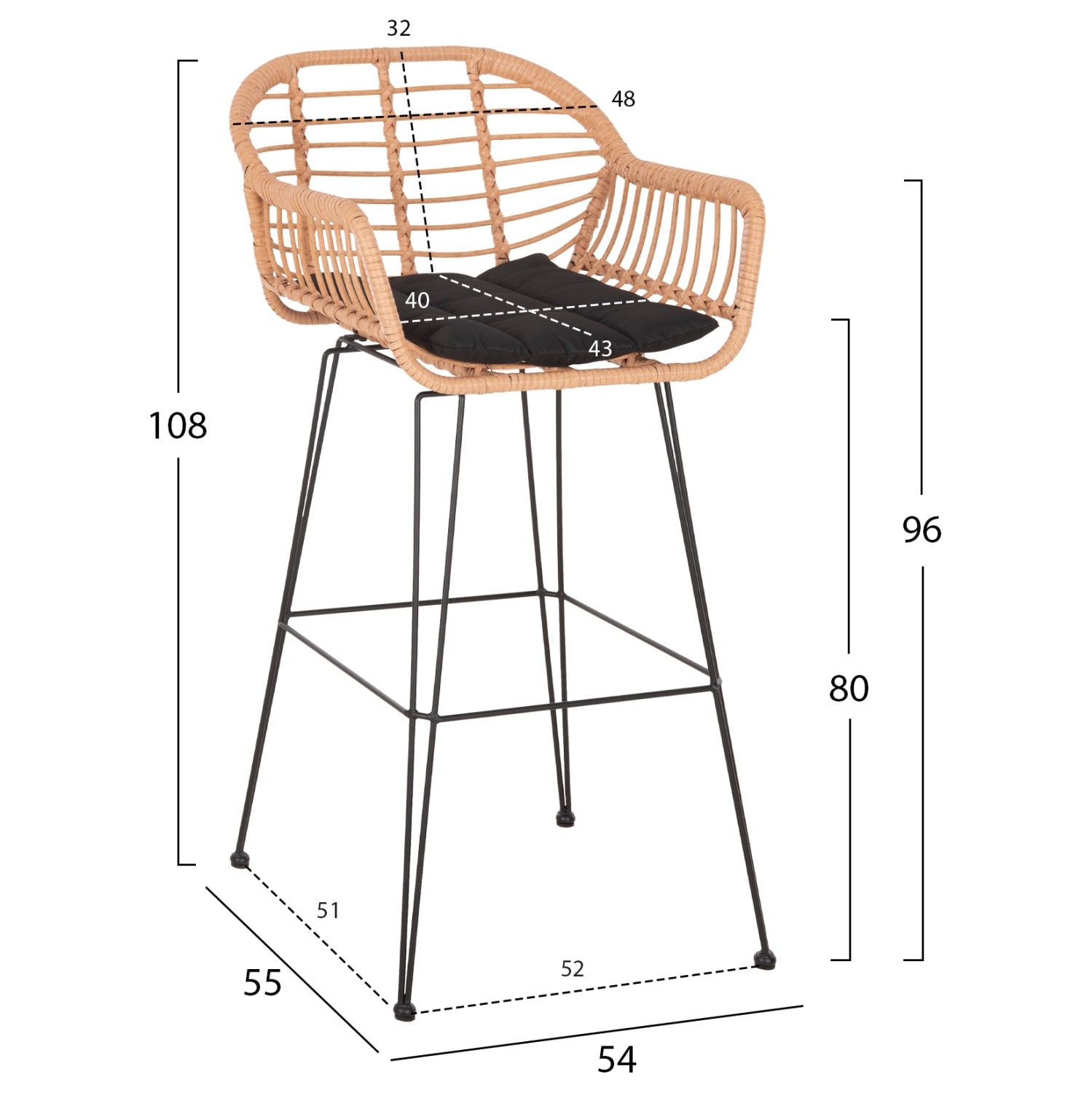 ΣΚΑΜΠΟ ΜΠΑΡ ΨΗΛΟ ALLEGRA HM5640.11 ΜΠΕΖ P.E. RATTAN-ΜΑΥΡΟ ΜΕΤΑΛΛΟ 54x55x108Υεκ. - Pakobazaar