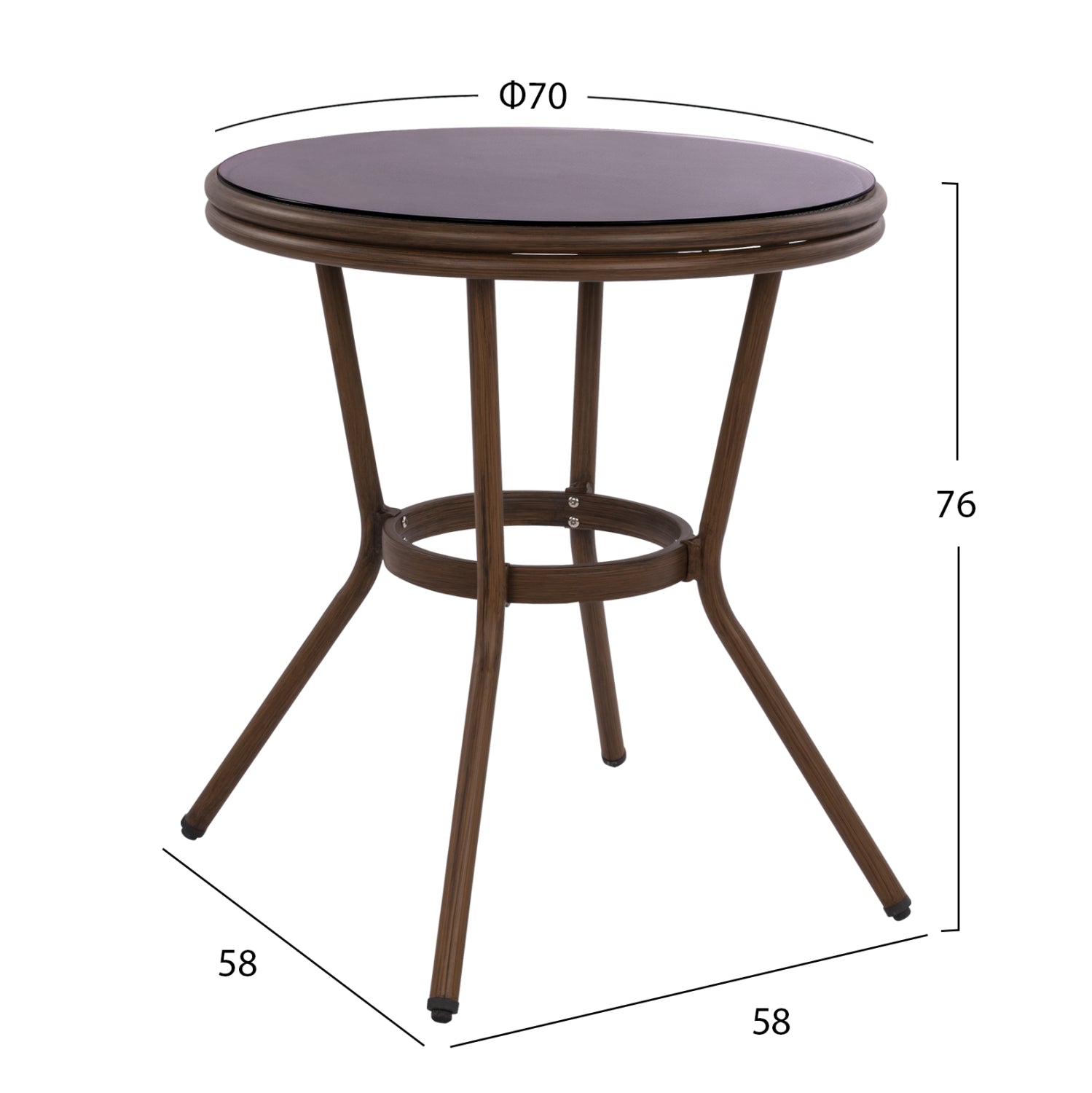 ΤΡΑΠΕΖΙ ΑΛΟΥΜΙΝΙΟΥ MOSES Φ70x76 εκ. BAMBOO LOOK HM5532.03 ΚΑΦΕ ΜΕ ΓΥΑΛΙ - Pakobazaar