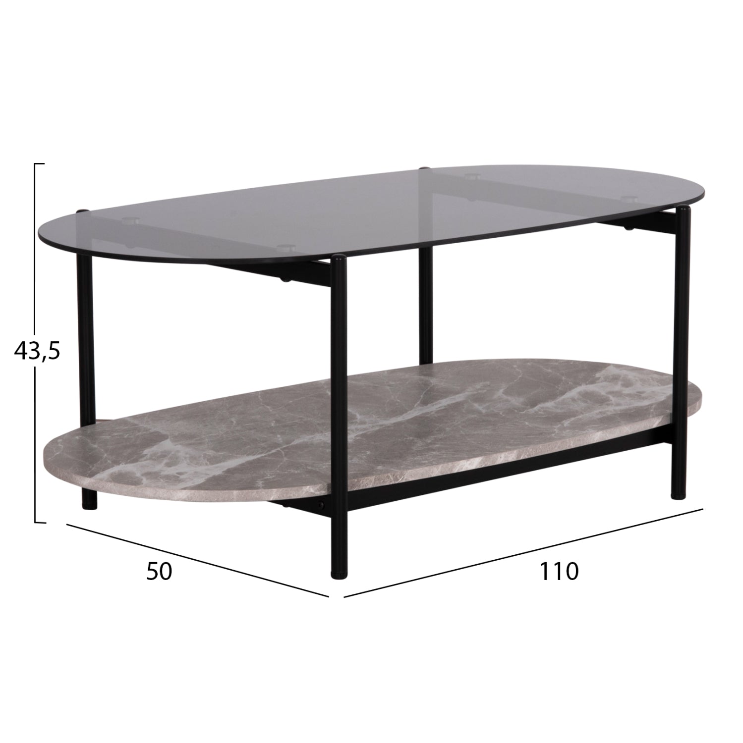 ΤΡΑΠΕΖΙ ΣΑΛΟΝΙΟΥ ΟΒΑΛ KITTY HM18040 ΓΥΑΛΙ ΦΙΜΕ TOP-GREY MARBLE ΜΕΛΑΜΙΝΗ 110x50x43Υεκ - Pakobazaar