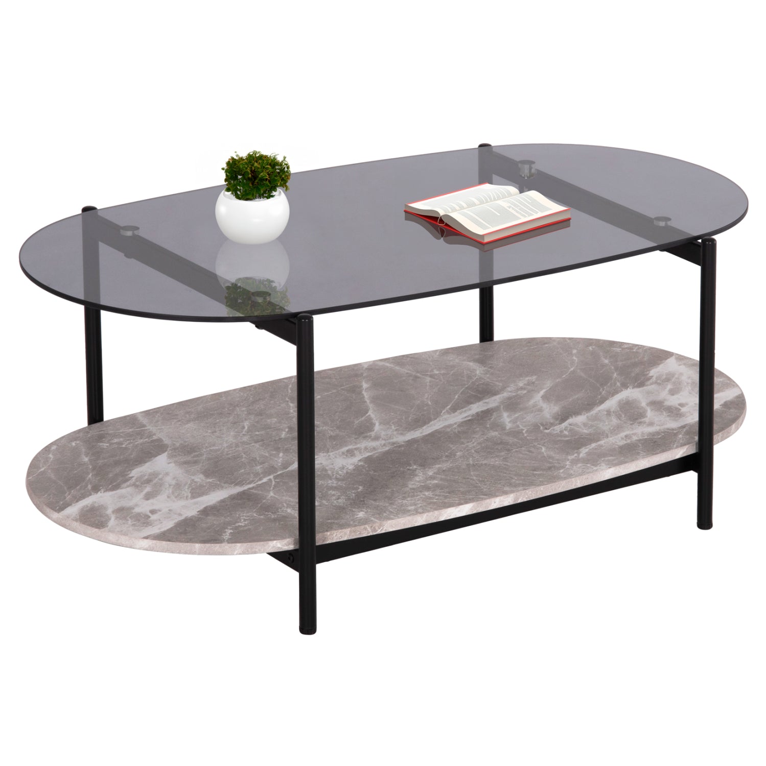 ΤΡΑΠΕΖΙ ΣΑΛΟΝΙΟΥ ΟΒΑΛ KITTY HM18040 ΓΥΑΛΙ ΦΙΜΕ TOP-GREY MARBLE ΜΕΛΑΜΙΝΗ 110x50x43Υεκ - Pakobazaar