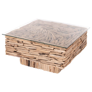 ΤΡΑΠΕΖΙ ΣΑΛΟΝΙΟΥ ΤΕΤΡΑΓΩΝΟ SPARROW HM9960 DRIFTWOOD--ΓΥΑΛΙ 95x95x51,5Υεκ. - Pakobazaar