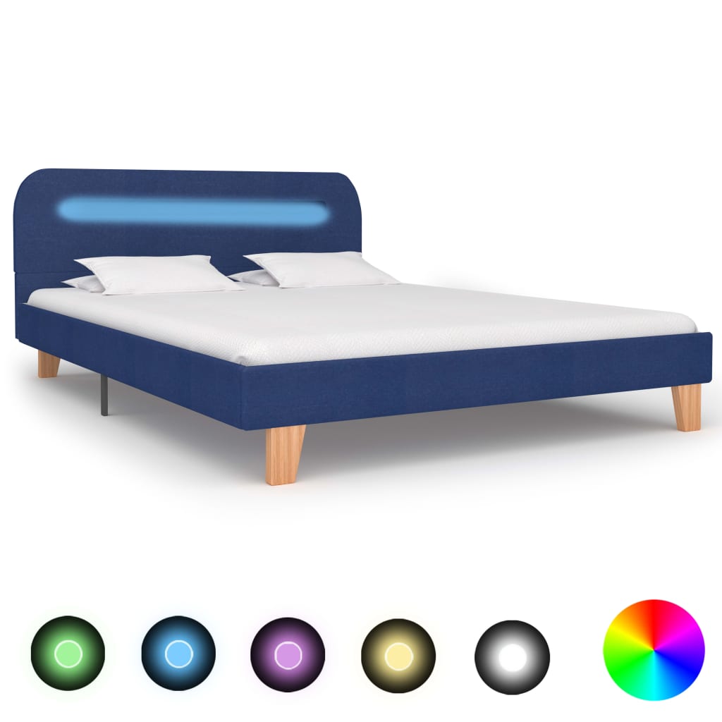 Bed Frame with LED without Mattress Blue Fabric 135x190 cm Double