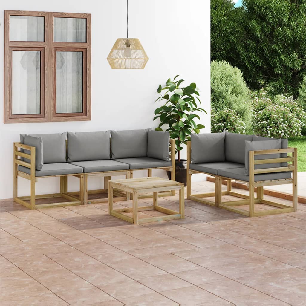 6 Piece Garden Lounge Set with Grey Cushions