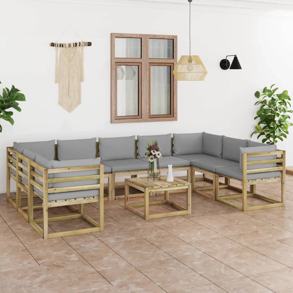 10 Piece Garden Lounge Set with Cushions Impregnated Pinewood