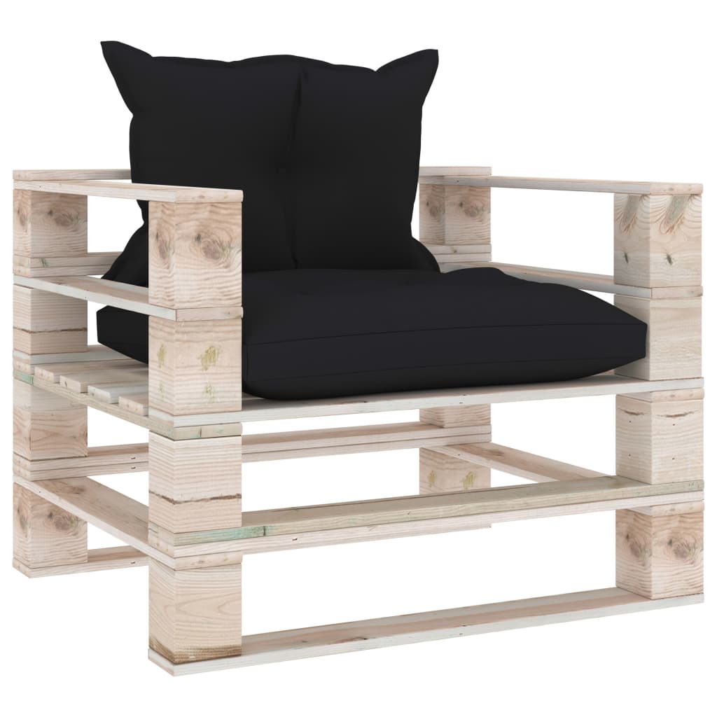 Garden Pallet Sofa with Black Cushions Pinewood
