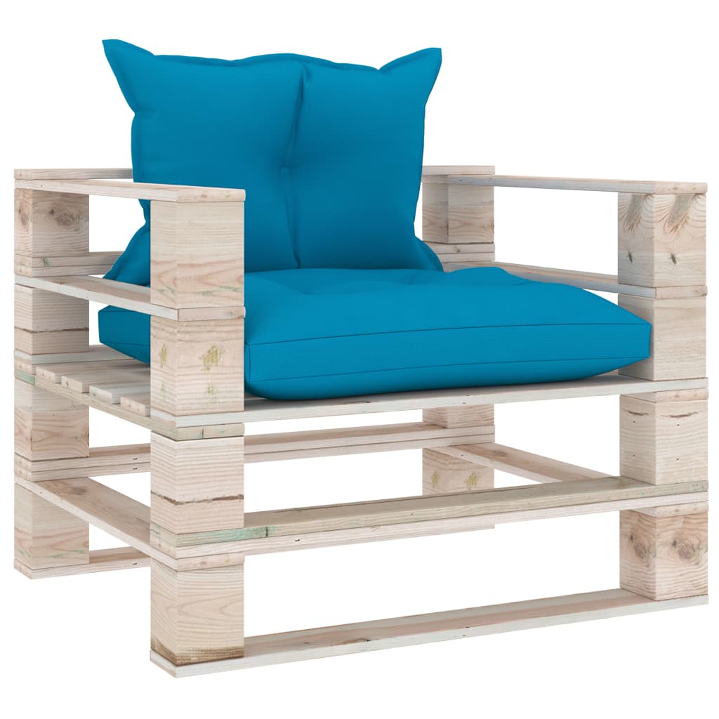 Garden Pallet Sofa with Blue Cushions Pinewood