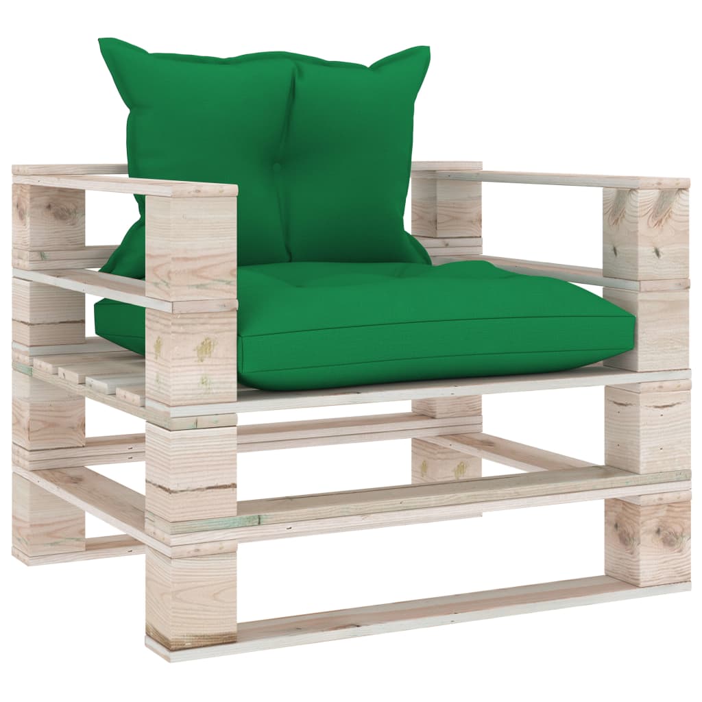 Garden Pallet Sofa with Green Cushions Pinewood