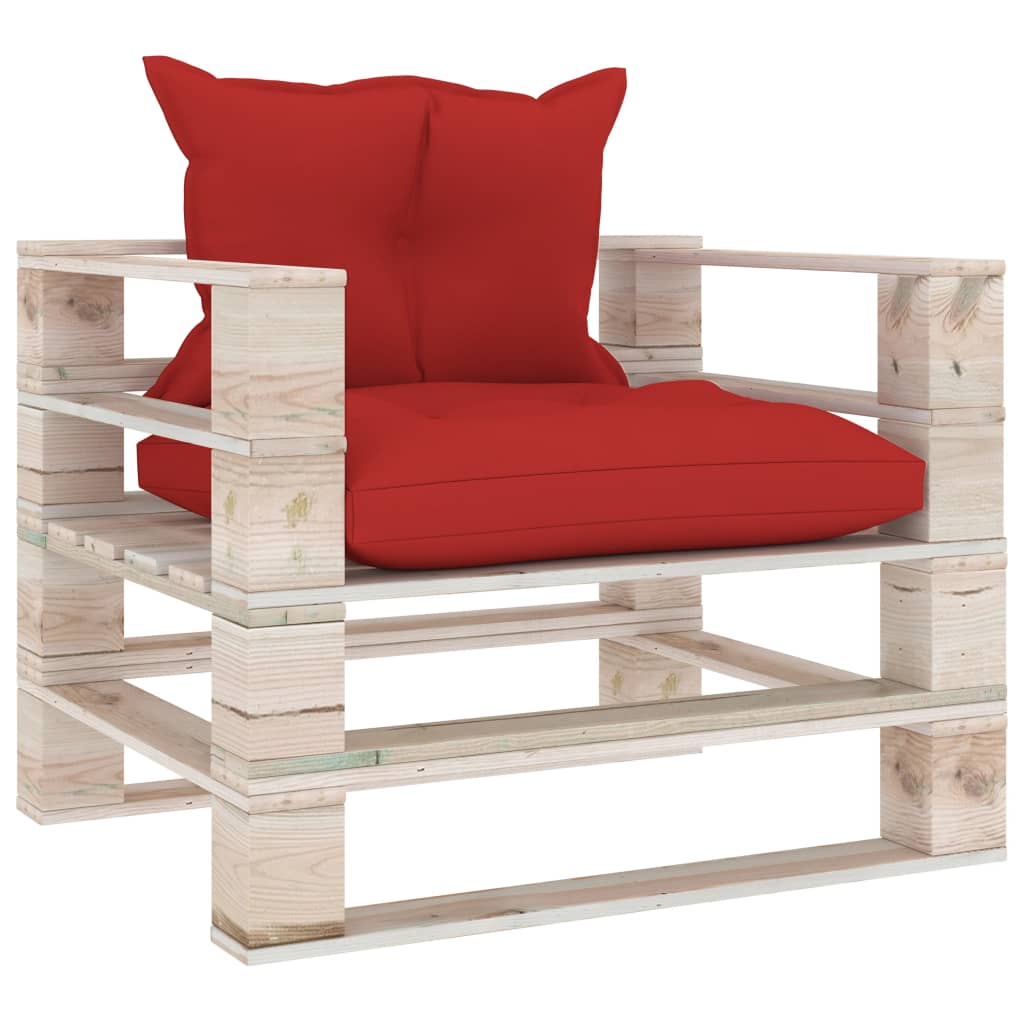 Garden Pallet Sofa with Red Cushions Pinewood
