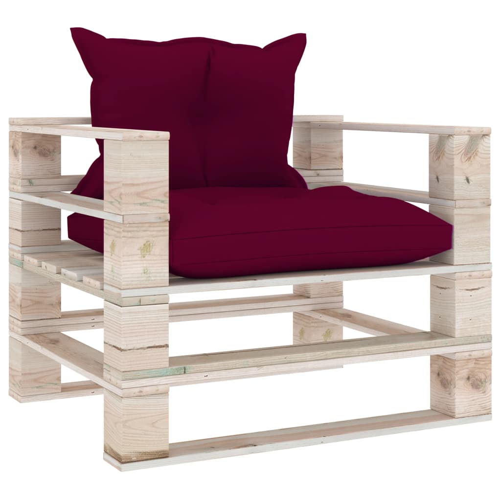 Garden Pallet Sofa with Wine Red Cushions Pinewood