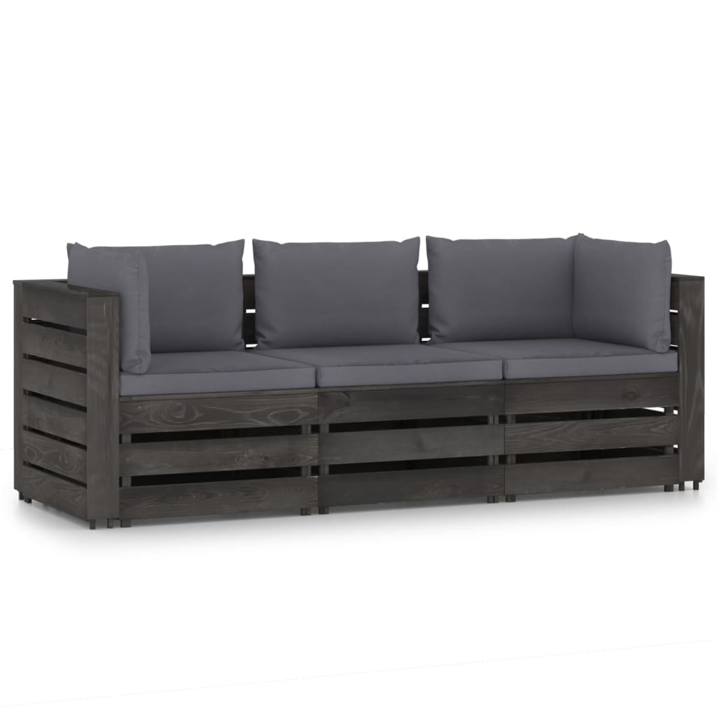 3-Seater Garden Sofa with Cushions Grey Impregnated Wood