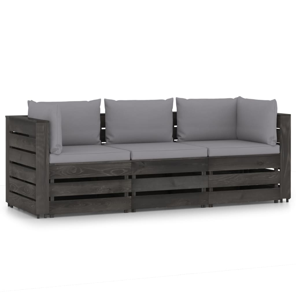 3-Seater Garden Sofa with Cushions Grey Impregnated Wood