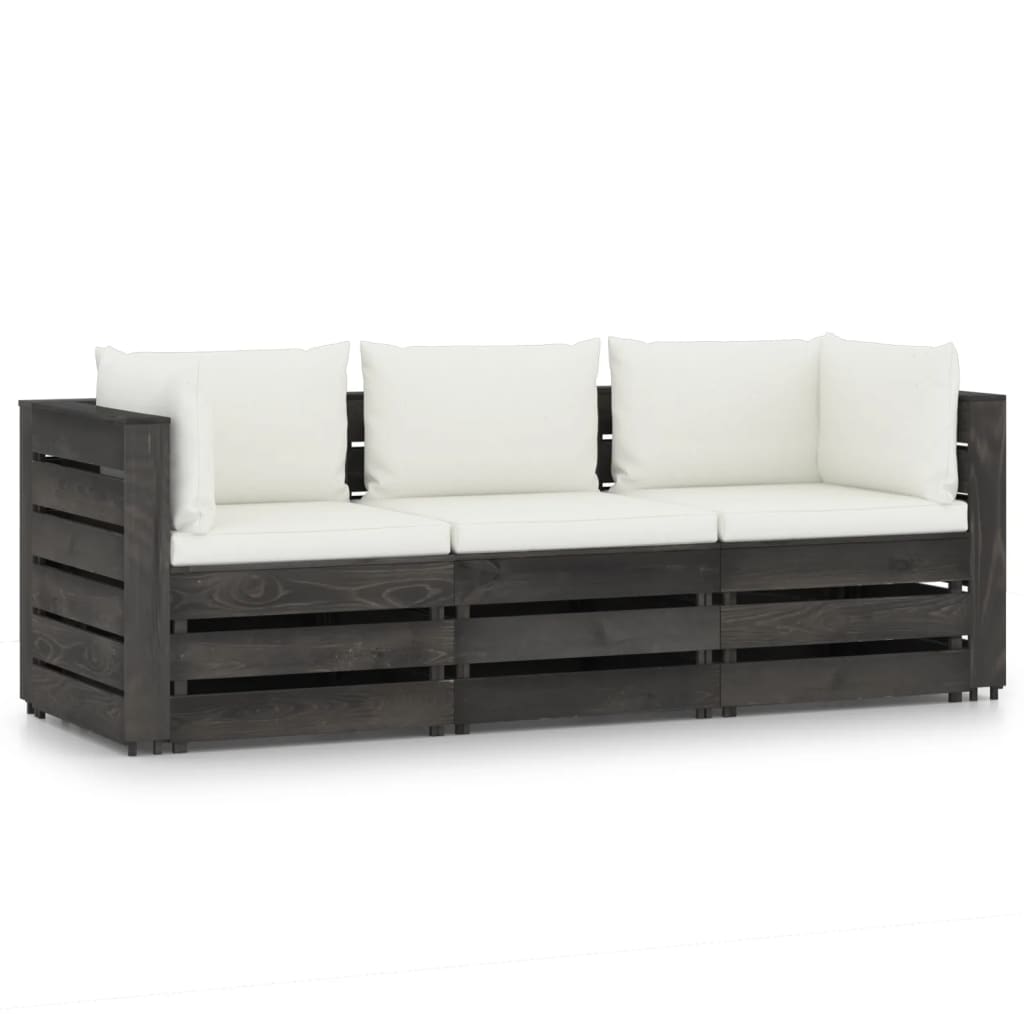 3-Seater Garden Sofa with Cushions Grey Impregnated Wood