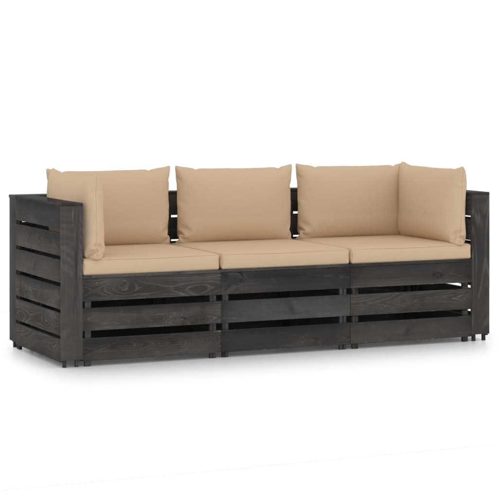 3-Seater Garden Sofa with Cushions Grey Impregnated Wood