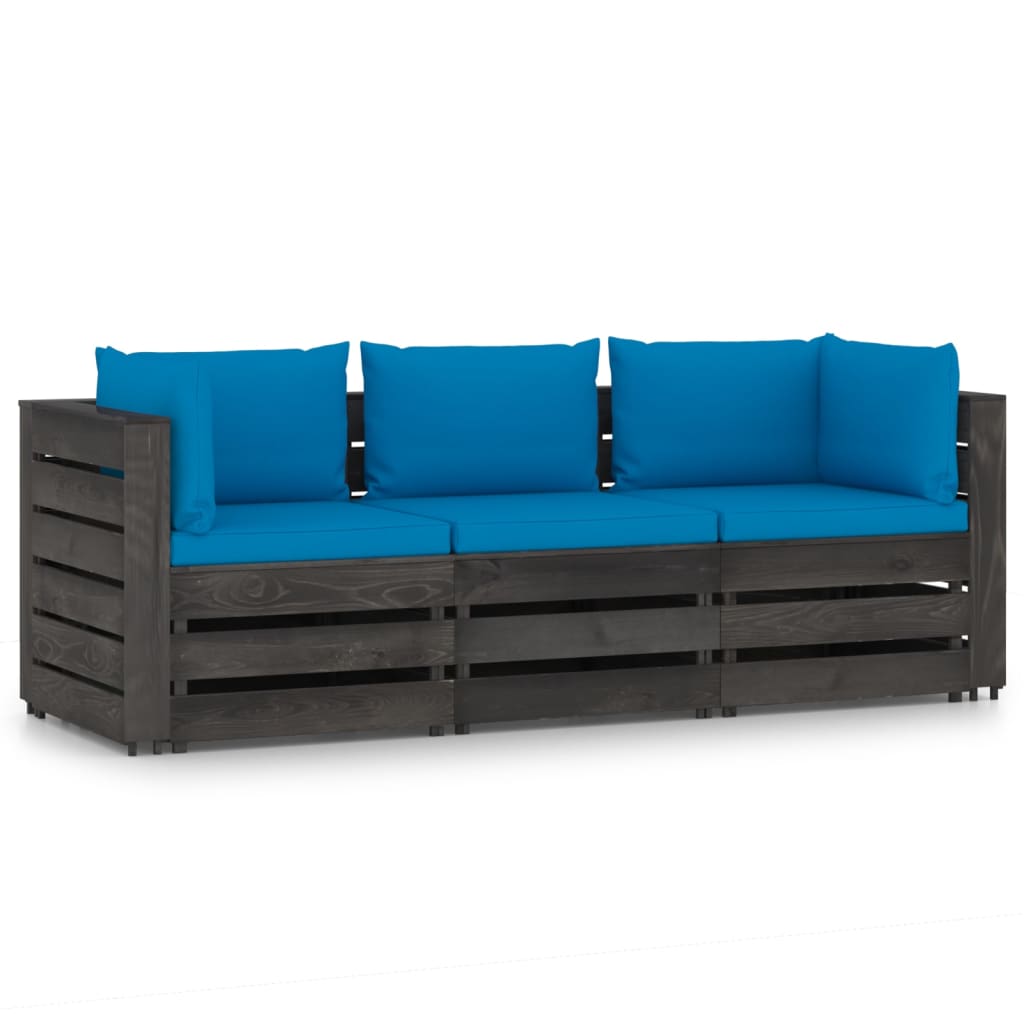 3-Seater Garden Sofa with Cushions Grey Impregnated Wood
