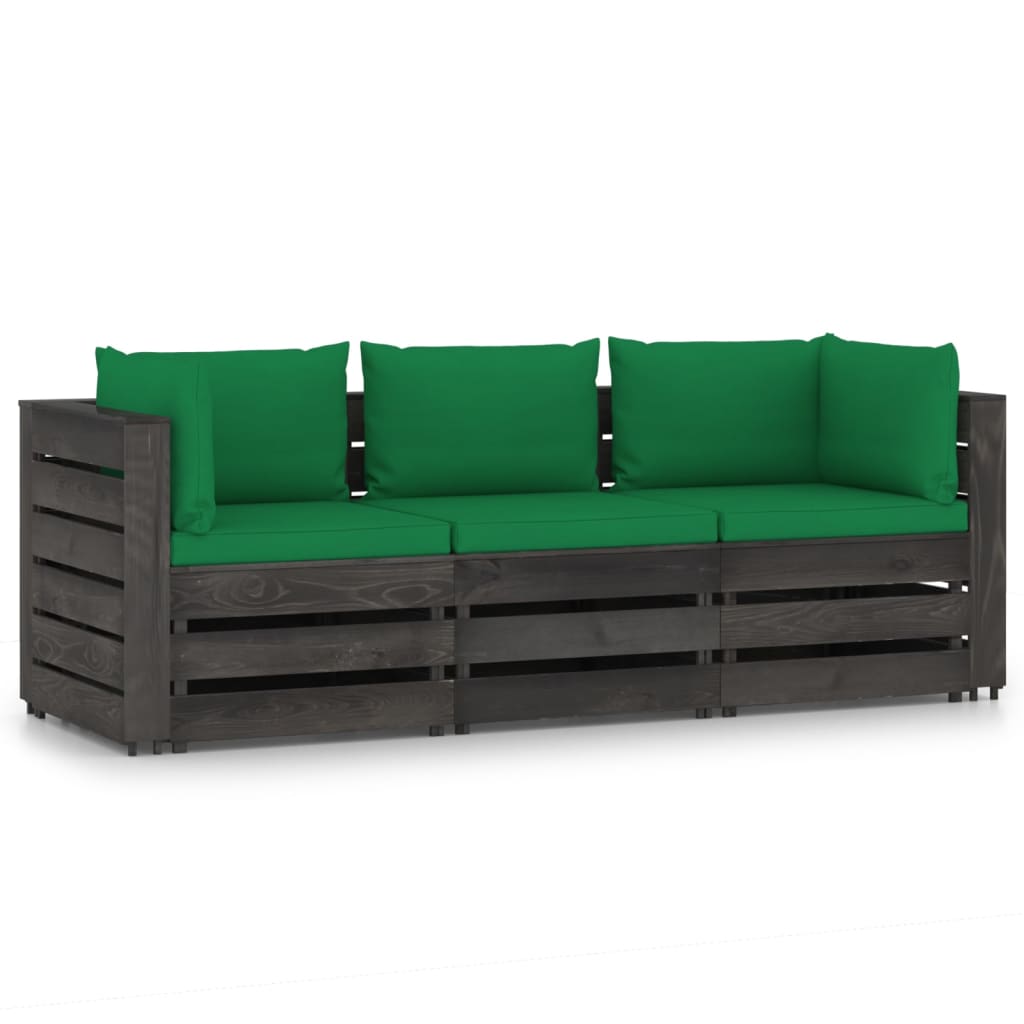 3-Seater Garden Sofa with Cushions Grey Impregnated Wood