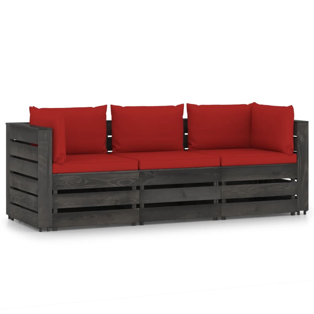 3-Seater Garden Sofa with Cushions Grey Impregnated Wood