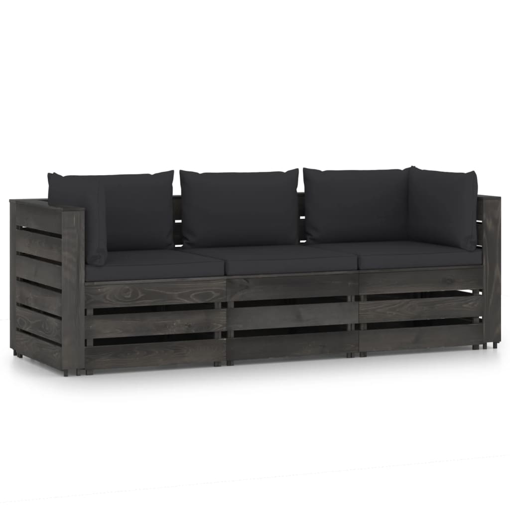 3-Seater Garden Sofa with Cushions Grey Impregnated Wood