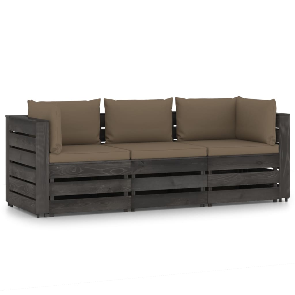 3-Seater Garden Sofa with Cushions Grey Impregnated Wood