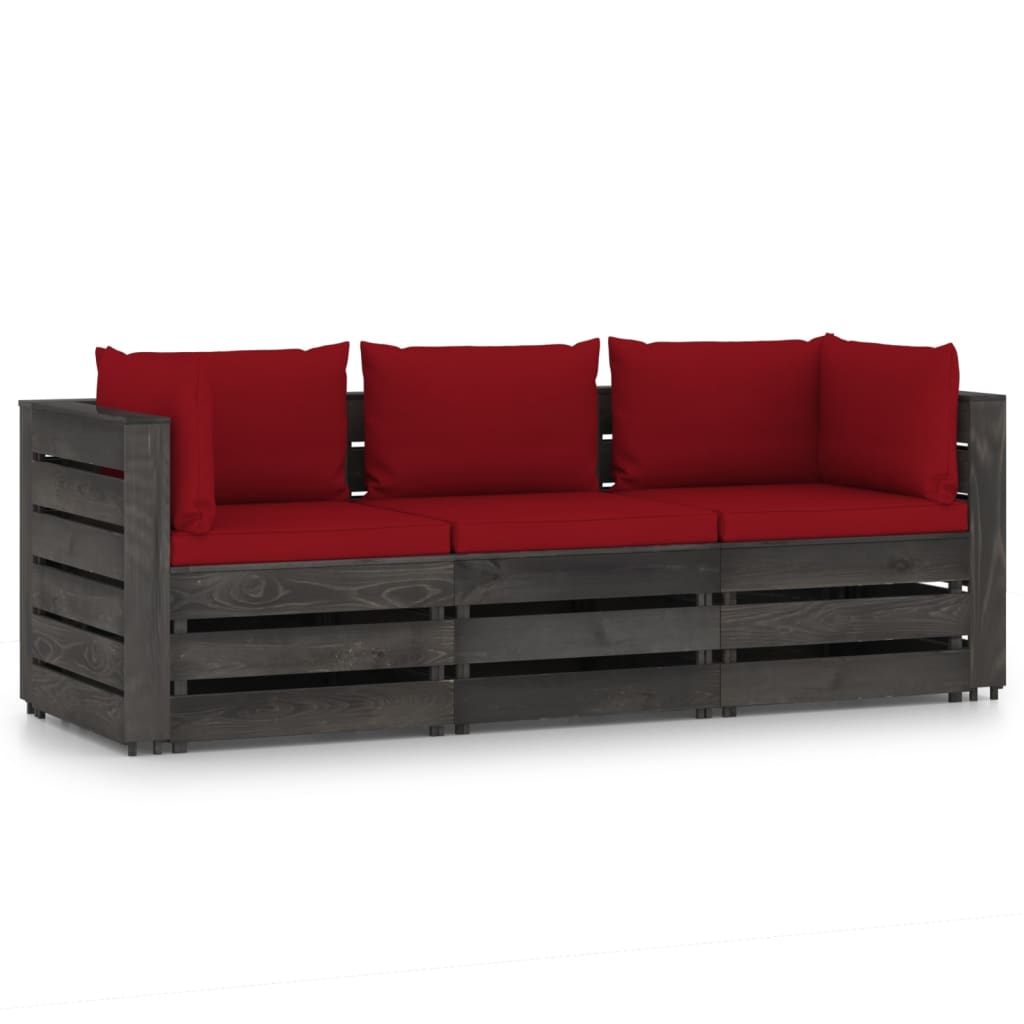 3-Seater Garden Sofa with Cushions Grey Impregnated Wood