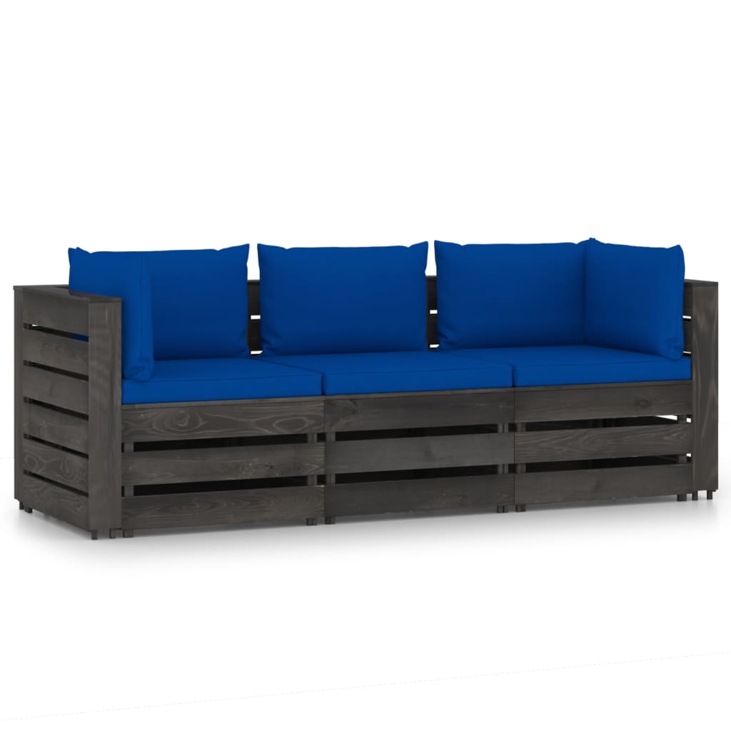 3-Seater Garden Sofa with Cushions Grey Impregnated Wood
